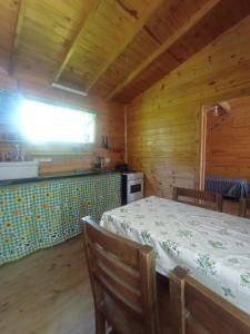 a room with a bed and a kitchen in a cabin at Cabaña ALUMCO in Tigre