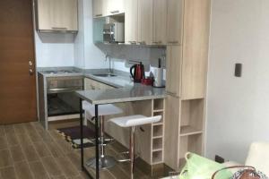 eine Küche mit Holzschränken und einer Arbeitsplatte in der Unterkunft Concepción pleno centro in Concepción