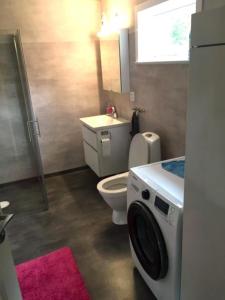 La salle de bains est pourvue de toilettes et d'un lave-linge. dans l'établissement Stunning Home In Rörbäck With 2 Bedrooms And Wifi, à Brunntjärnsåsen