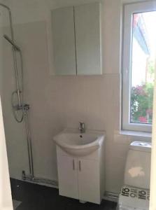 a white bathroom with a sink and a window at Beautiful Home In Havdhem With 5 Bedrooms, Swimming Pool And Wifi in Havdhem