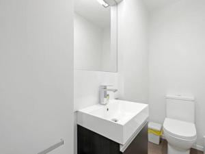 フランクトンにあるQueenstown Luxury Holiday Villaの白い洗面台とトイレのあるバスルーム +23枚の写真