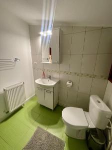モイエチウ・デ・ジョスにあるPensiunea Adelinaの白いトイレと洗面台のあるバスルーム +83枚の写真