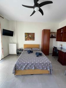 Un dormitorio con una cama y un ventilador de techo. en Belvedere 3 - Studio, en Drama