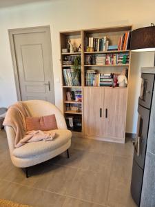 a living room with a chair and a book shelf at Welcome in Nantes
