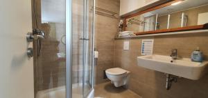a bathroom with a toilet and a sink and a shower at Gasthof Alte Schule in Fürstenzell +21 photos
