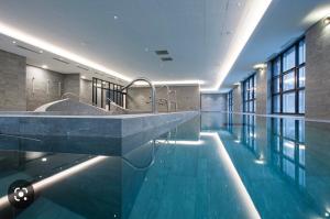 a swimming pool with a tub in a building at Loft HATISAS in Brides-les-Bains