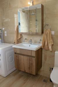 a bathroom with a sink and a toilet and a mirror at ALTAVILLAS maisonettes in Kakí Vígla +147 photos
