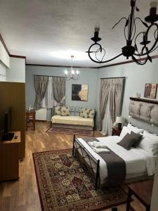 a bedroom with a bed and a living room at George Room 2 in Arachova +26 photos