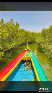 ein Boot mit einem regenbogenfarbenen Dach auf einem Fluss in der Unterkunft Auberge Cœur Océan in Joal-Fadiout