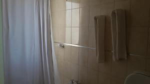a bathroom with a shower with a shower curtain at Hotel Torrevado in Las Grutas