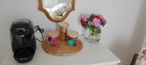 a counter with a toaster and flowers and a mirror at Petite chambre dans maison individuelle in Saint-Renan +5 photos