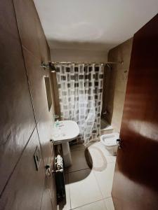 Un baño pequeño con lavabo e inodoro. en Luminoso y Moderno Departamento en el Centro de Bariloche, en San Carlos de Bariloche 11 fotos más