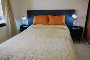 1 dormitorio con 1 cama con almohadas de color naranja y 2 lámparas en Luminoso y Moderno Departamento en el Centro de Bariloche, en San Carlos de Bariloche