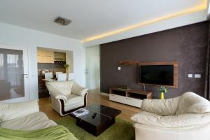 a living room with white furniture and a flat screen tv at Apartment Mercedes in Belgrade