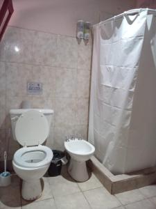 a bathroom with a toilet and a shower and a sink at Loma Tika - Tilcara Hostel in Tilcara