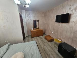 a bedroom with a bed and a tv on the wall at The Bridge House in Balş