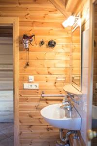 a bathroom with a sink and a wooden wall at Charmantes Ferienhaus in Sankt Margarethen Im Lungau mit Kleinem Garten und Bergblick in Sankt Margarethen im Lungau