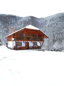 une cabane en rondins dans la neige avec une montagne dans l'établissement Cottage Piatra Craiului, à Zărneşti