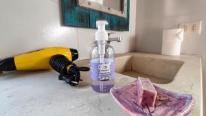 a bottle of soap and a hair dryer on a counter at YVY CASA HOTEL in Samaipata