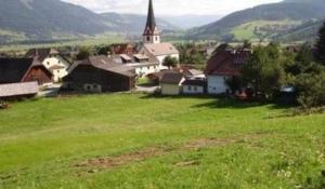 a small village with a church and a green field at Komfortables Ferienhaus in Sankt Margarethen Im Lungau mit Eigener Sauna in Sankt Margarethen im Lungau +4 photos