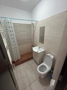 um banheiro com vaso sanitário e pia em ECO COVER APARTMENTs em Oradea International Airport
