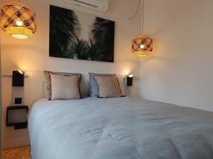 a bedroom with a large bed with two pillows at Loft des Voyageurs - Parking Inclus in Manosque