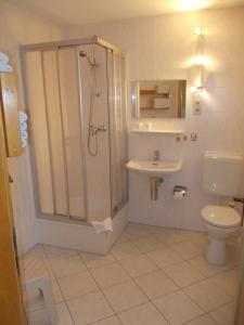 a bathroom with a shower and a toilet and a sink at Finnhäuser am Vogelpark - Haus Annika in Marlow