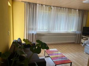 a living room with a couch and a plant in front of a window at Zimmerapartment in Langgöns in Langgöns