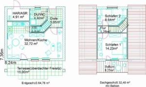 a floor plan and a plan of a house at Finnhäuser am Vogelpark - Haus Annika in Marlow