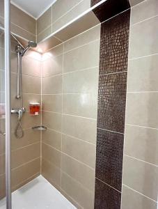 a bathroom with a shower with a stone wall at Kyriad Hotel Montpellier Centre Antigone in Montpellier