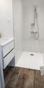 a bathroom with white cabinets and a shower at La Pierre 2 studio entier in Tartas