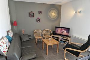 a living room with a couch and chairs and a tv at Appartement avec vue sur le lac de Gérardmer, proche des pistes de ski in Gérardmer