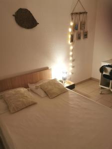 Un dormitorio con una cama con dos almohadas encima. en Escale marine, en Saint-Jory