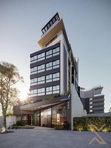 eine Darstellung der Vorderseite eines Gebäudes in der Unterkunft Lofts amplos e sofisticados a 600m da Vila Germânica in Blumenau