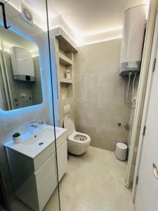 a bathroom with a toilet and a sink and a mirror at Apartment Ninana in Belgrade