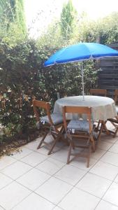 una mesa y sillas con una sombrilla azul en "Les Bastides" Appartement tout confort, parking privé piscine, en Lorgues