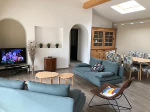 ein Wohnzimmer mit blauen Sofas und einem Fernseher in der Unterkunft Villa MAJOULIÈRE in La Ciotat