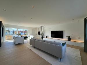 a living room with a couch and a tv at Neues Repräsentatives Designer Loft im Herzen Bayerns in Zolling