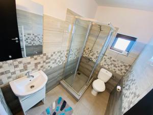 a bathroom with a shower and a sink and a toilet at Cazare Pensiune La Bozi in Utvin