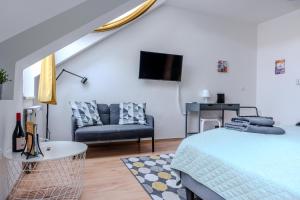 ブダペストにあるCozy flat in the heart of Budaのベッド、ソファ、テレビのある寝室