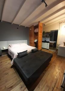 a bedroom with a large bed and a kitchen at Cabana Lago Campestre in Urubici