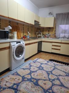 a kitchen with a washing machine on a rug at House Prosperity in Amora
