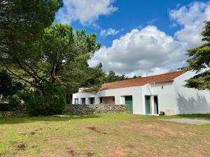 a white building with a stone wall and trees at Casa Chã in Alcobertas