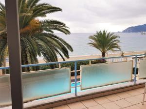a balcony with a view of the beach and palm trees at Hotel Miramare in Savona