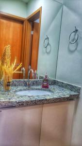 a bathroom counter with a sink and a mirror at Apartamento Smart in São Carlos +10 photos