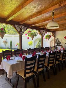 a dining room with a long table and chairs at Pensiunea Domnescu in Sălişte
