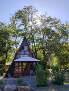 a cabin in the woods with a bench and trees at Lodge Rincon Nativo in Hijuelas