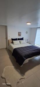 a bedroom with a large bed with a blue blanket at GÎTE Le REFUGE in Lamballe Armor