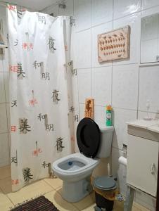 e bagno con servizi igienici e tenda per la doccia. di Área 51 Hospedaria - STL a São Thomé das Letras