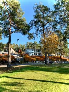 a park with trees and a building in the background at Holiday Home Birdie in Naantali